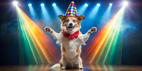 Adorable trained dog dons colorful oversized clown hat, standing on hind legs, paws held out, silly grin spreading across its face, circus spotlight shines bright.