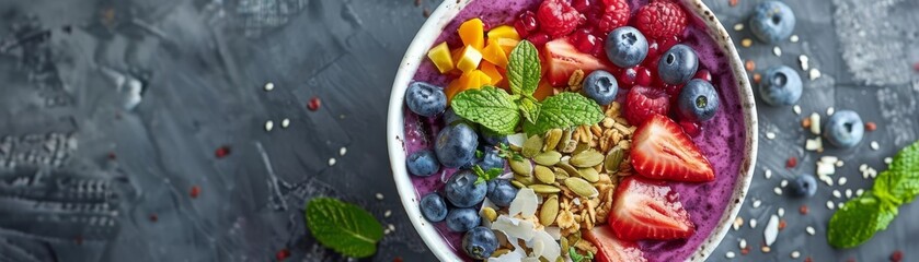 Healthy food, detailed shot of a colorful acai bowl with toppings, fresh and vibrant