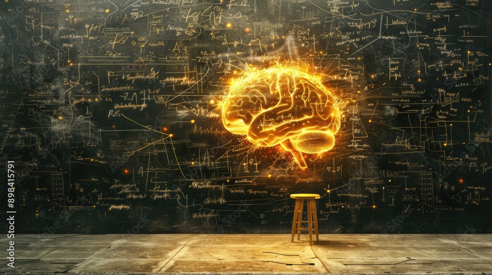 Wall mural golden brain light up on chalkboard background with stool.
