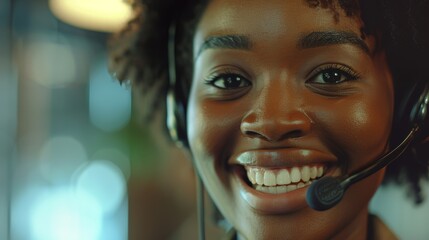 This happy African American contact center telemarketing agent is smiling and talking on a headset in the office. Positive, pleasant lady working helpdesk for customer service and sales.
