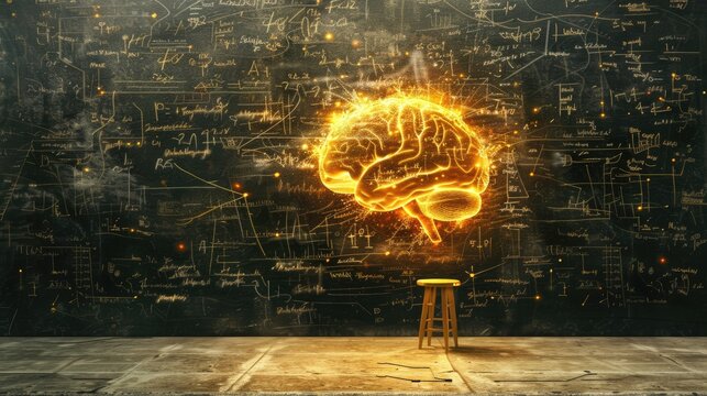Golden brain light up on chalkboard background with stool.
