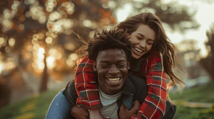 Fototapeta premium Couple lovingly hug and grin in nature, happy in park bonding. Black man, woman, hugging, passion, marriage, and happiness