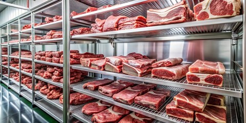 Fresh meat cuts are meticulously arranged on shelves in a commercial freezing room, showcasing efficient food preservation techniques and optimal storage methods.