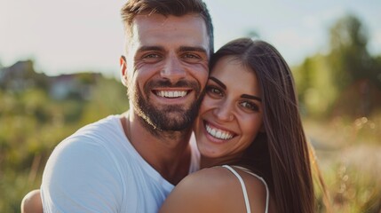 Fototapeta premium In the woods, black couple hugs and smiles in love, romance, or vacation. Happiness image, man and woman embrace in Atlanta woodland or woods
