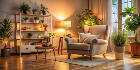 Cozy living room setting with comfortable armchair, warm lighting, and plants, evoking feelings of serenity and care, ideal for depicting support for elderly individuals.