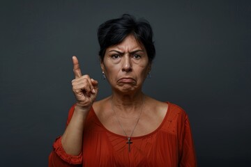 Reject and senior woman with middle finger, opinion, and anger on black studio background. Face, female or old model with hand gesture, cruel and angry.
