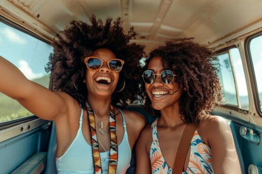Van vacation in Jamaica: selfie, road drive, and pals live streaming on social media with phones. African woman camping in automobile in summer with smartphone photo.