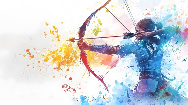 A vibrant watercolor illustration shows a female archer drawing a bow, with colorful splashes on a white background, adding motion and energy.