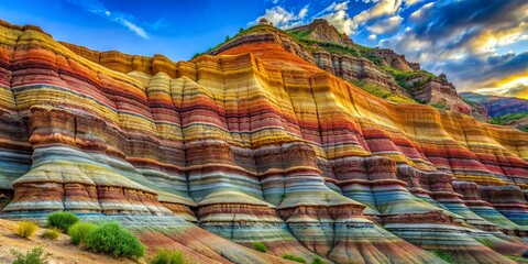 Vibrant multi-colored geological layers exposed in a rugged cliff face, showcasing ancient history of erosion and sedimentation in a majestic natural rock formation landscape.