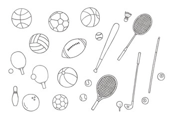 いろんな球技のボールなどの手描きイラスト（モノクロ）