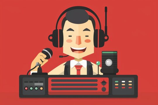 Smiling Radio Host Broadcasting With Microphone and Headphones