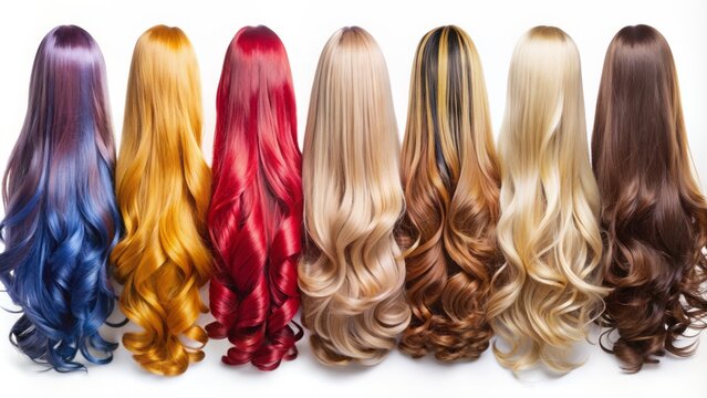 long women's hair isolated on white. human hair wigs different colors
