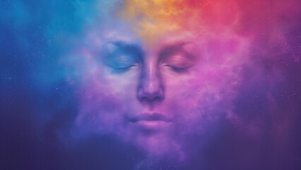 Fototapeta premium Dreamy Abstract Digital Artwork of Serene Woman's Face in Vibrant Multicolored Nebula Clouds with Eyes Closed, Surreal Fantasy Art in Blue, Purple, Pink, Orange Hues Imagination and Creativity Concept
