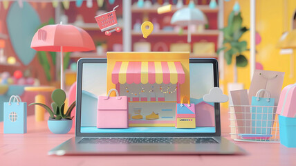 Online product icons floating off laptop screen, multi-channel marketing for online retail businesses and digital apps, 3D animation render,