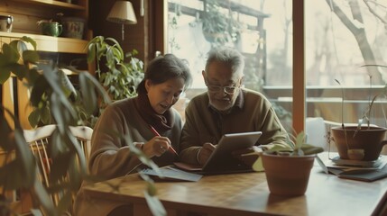 Senior couple studying at home with tablet and helping each other. Education without age limits
