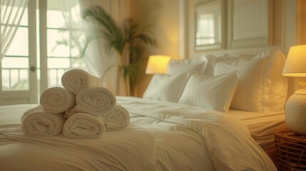 luxurious hotel suite with pristine white linens plush pillows and artfully arranged towels soft ambient lighting creates an inviting atmosphere of comfort and relaxation