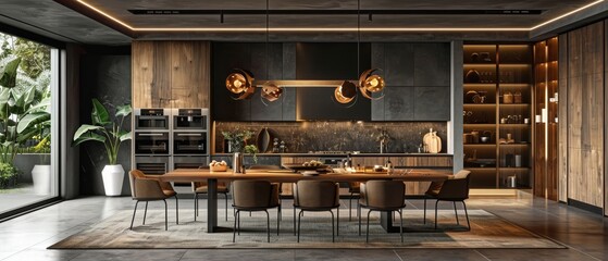 large kitchen room with modern interior design with wood table and chairs for home against the background a dark classic wall