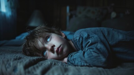 Young boy in his bed trying to fall asleep. Bedtime 