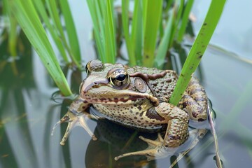 Obraz premium Close-up of a Rugosed Frog Hoplobatrachus rugulosus on tall rice leaves in a rice field in an agricultural area.