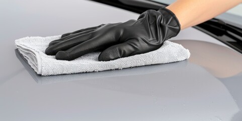 A person wearing black gloves is carefully wiping down the hood of a gray car with a blue microfiber cloth