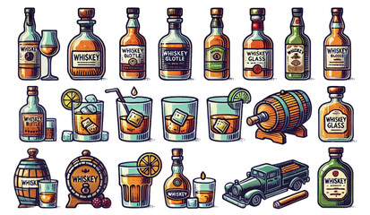 Hand-drawn Collection of Various Whiskey Bottles and Glasses