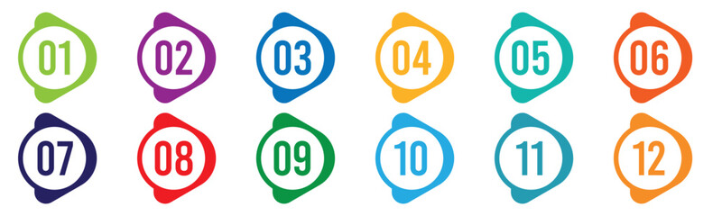Number bullet point 1 to 12 vector set in multi color. Vector illustration.