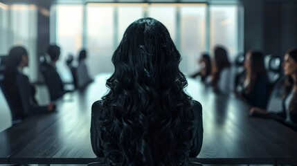 lady boss in her office holding a business meeting at a long table with many employees