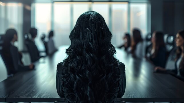 lady boss in her office holding a business meeting at a long table with many employees