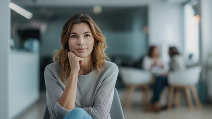 Woman sitting indoors, resting chin on hand, looking at the camera with a blurred background showing people conversing.