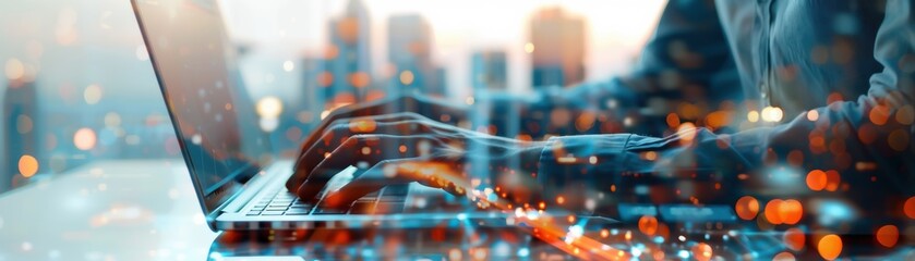 Double exposure of a person's hands typing on a laptop, with a blurred city skyline and an overlay of glowing dots, suggesting technology and digital communication