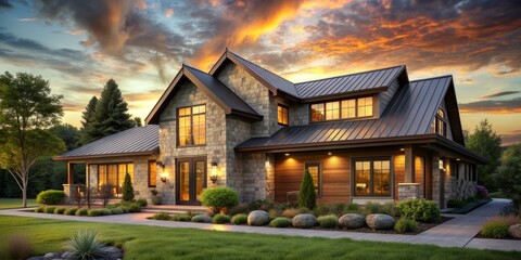 Obraz premium Warmly lit modern farmhouse with rustic wood accents, stone facade, and lush greenery, set against a serene twilight sky with soft warm golden light.