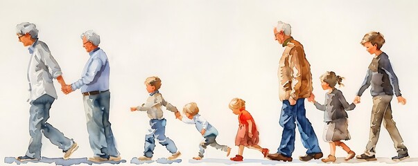 A beautiful watercolor illustration depicting generations walking together, showcasing the bond between family members.