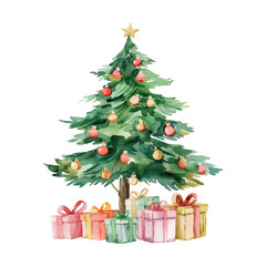 watercolor christmas tree with giftbox vector illustration 