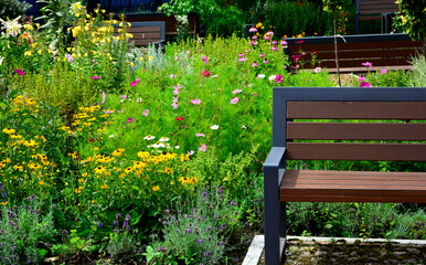drewniana ławka ogrodowa w ogrodzie z kolorowymi kwiatami, wooden garden bench in the garden with colorful flowers, garden seating area © kateej