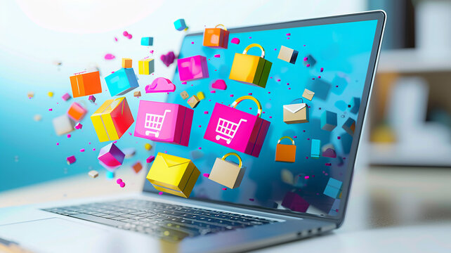 Laptop with digital product icons emerging, representing online retail business marketing,