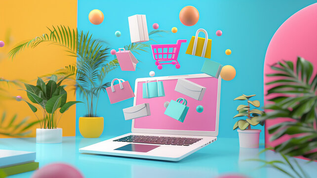 E-commerce visual, laptop displaying 3D floating product icons for multi-channel marketing,