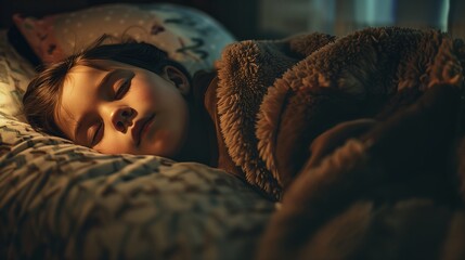 Child sleeping calmly in warm cozy bed with night lamp.