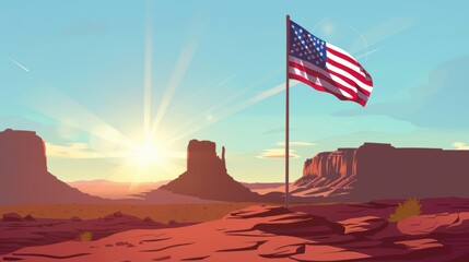 The american flag is waving on a flagpole in monument valley at sunrise with sunbeams