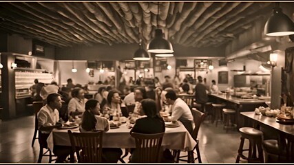 Group of Happy people relaxing in a family cafe or restaurant and eating diner together.