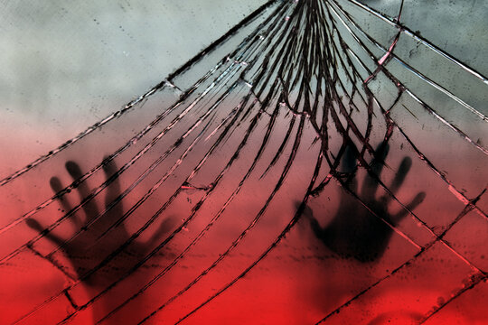 eerie blurry hands of people on broken mirror, presence blood and broken glass, aftermath crime scene, Horror and Thriller Themes, halloween horror, friday 13th