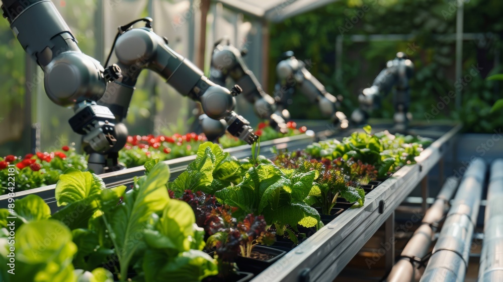 Aufkleber a close-up of a robotic arm tending to a row of plants in a greenhouse. the arm is spraying water on