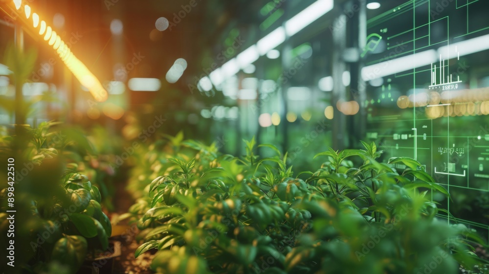 Poster Lush green plants are illuminated under artificial grow lights in an indoor farm setting. A digital display in the background shows graphs and data, suggesting advanced technology and monitoring.