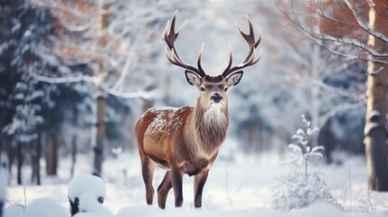 Deer in winter forest. Wild animal in winter forest. Wildlife scene.