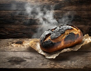burnt bread, fresh from the oven, charred, steaming on a wooden background, inedible and poisonous, carcinogenic