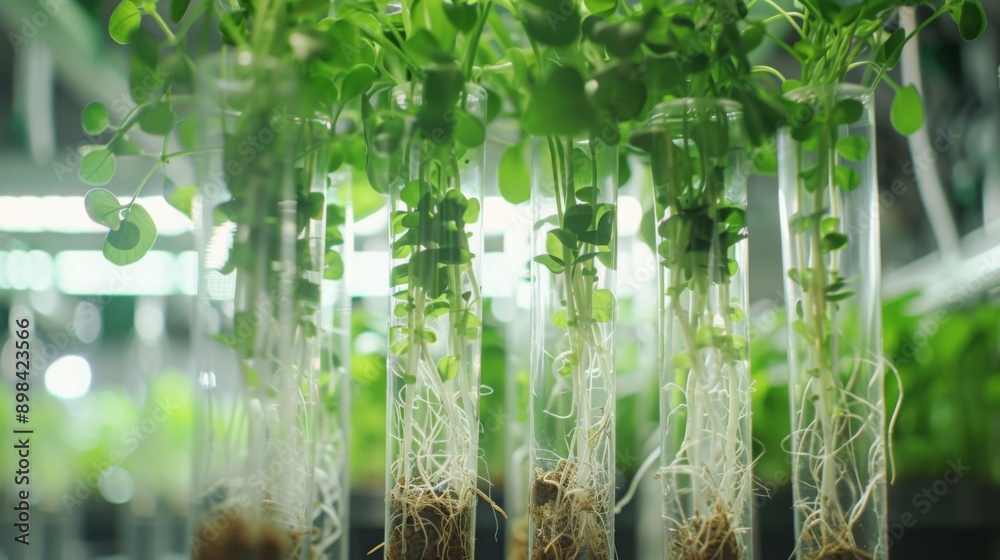 Poster close-up of plants with roots growing in clear glass test tubes in a laboratory setting.