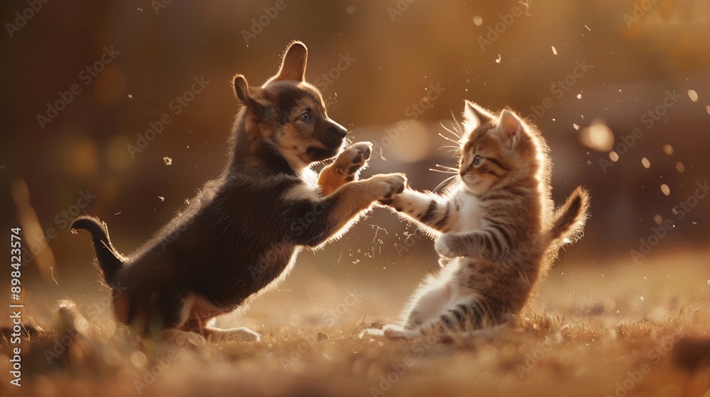 Poster a brown puppy and a tabby kitten stand on their hind legs and playfully swat at each other in a fiel