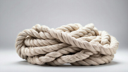Close-up of natural fiber rope twisted and coiled into a sturdy loop on a plain white background

