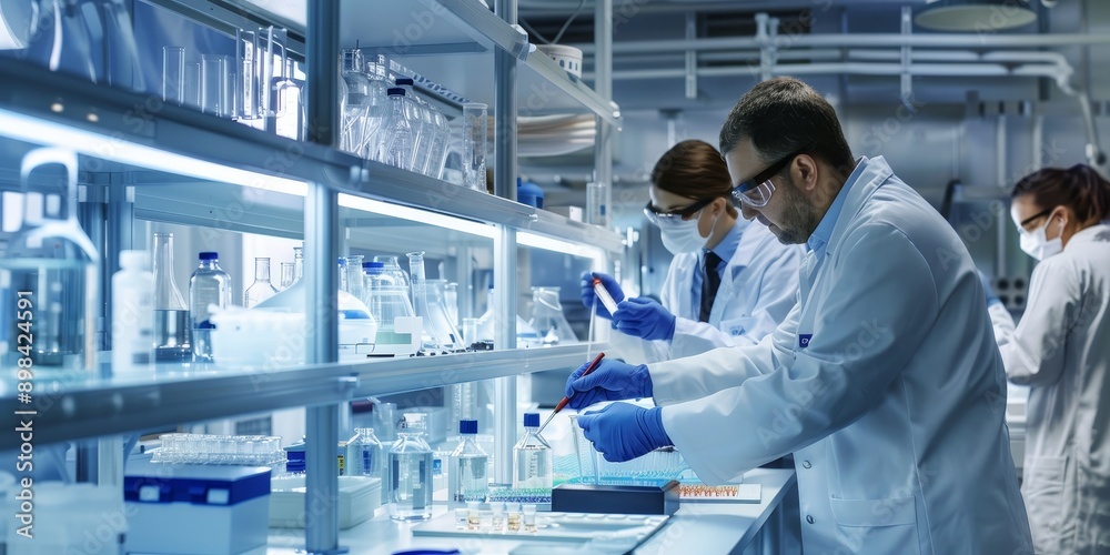 Fototapete a team of researchers conducting experiments and analyzing data in a scientific laboratory