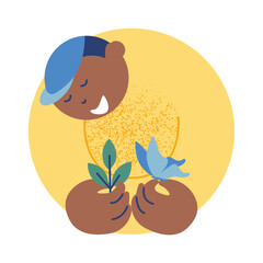 Back to school! Schoolchild studies plants and animals. Biology lesson. Sketch vector illustration.