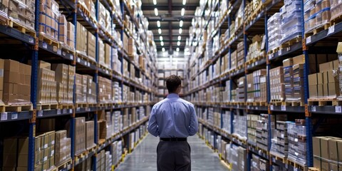 A logistics supervisor inspecting inventory levels and stock organization in a warehouse storage area